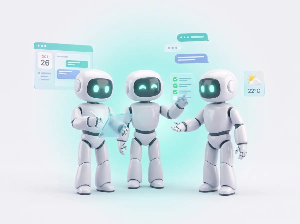 Friendly AI assistants managing a calendar, messages, a to-do list and the weather